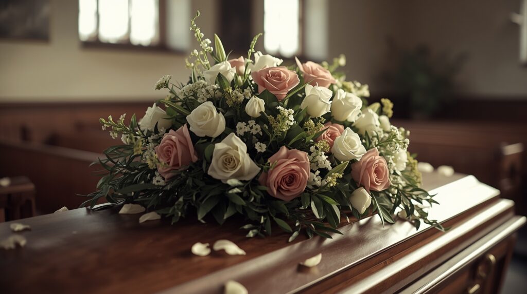 Casket with flowers in a chapel, solemn and respectful memorial setting
