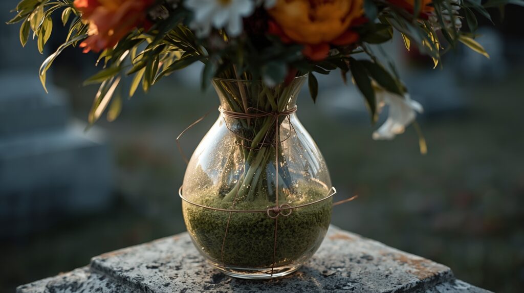 Flowers secured in cemetery vase using floral foam