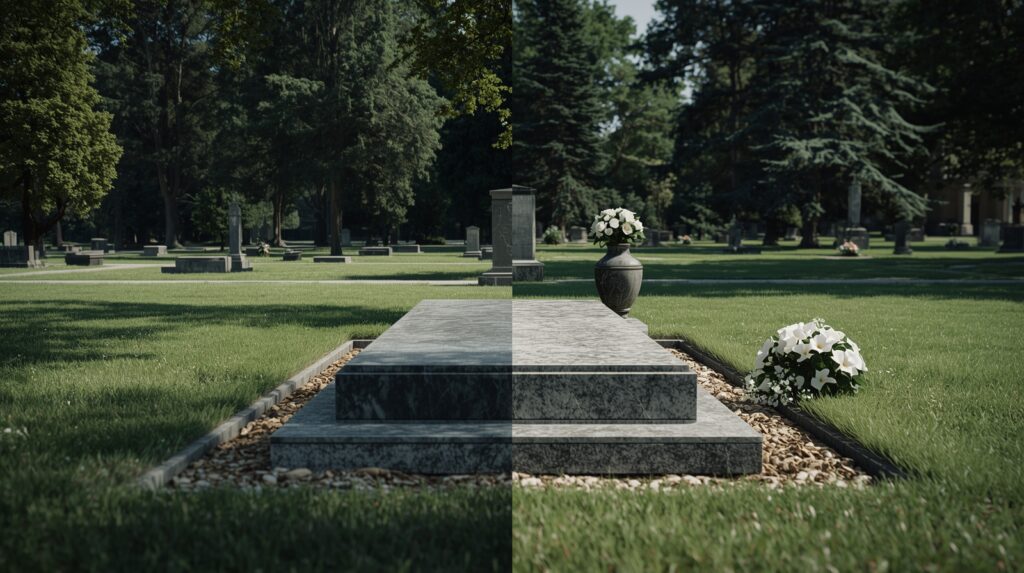 Cremation and burial comparison showing urn and headstone
