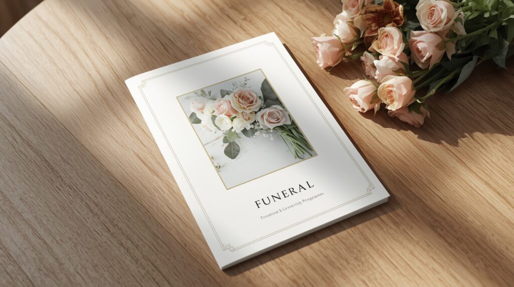 Funeral program obituary booklet on table
