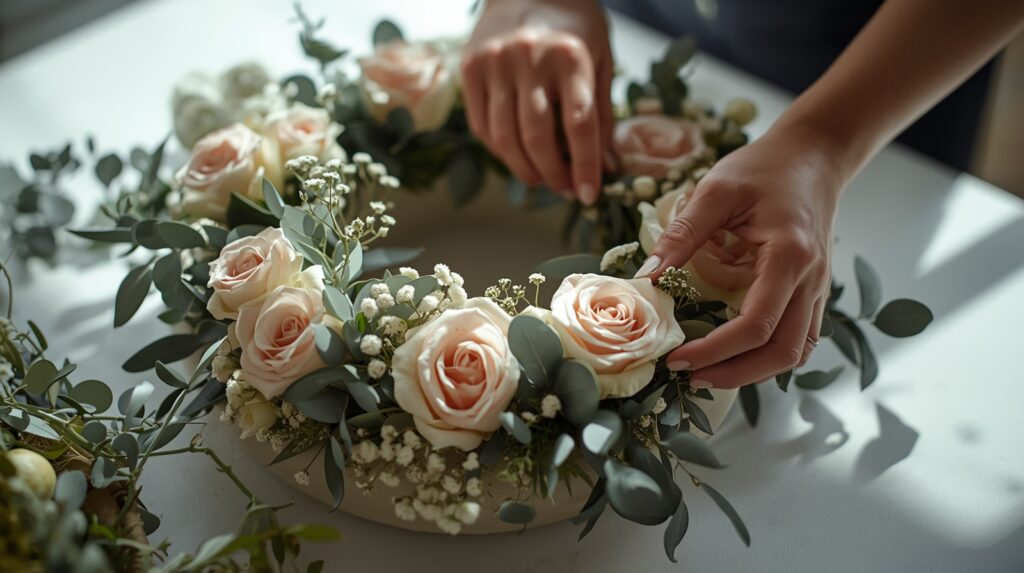 Arranging flowers on a funeral wreath step by step