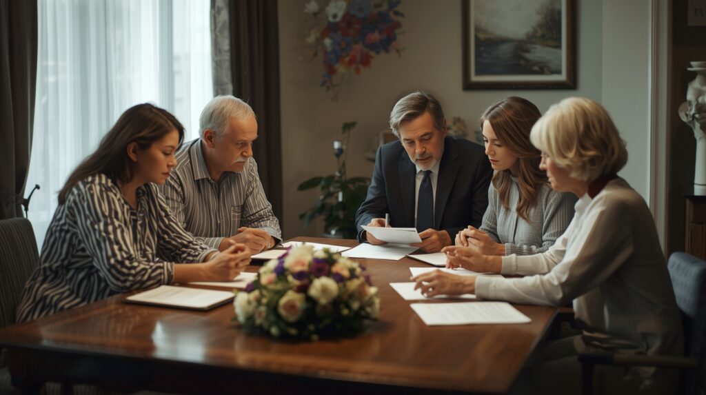 Family and funeral director discussing funeral arrangements in a respectful indoor setting