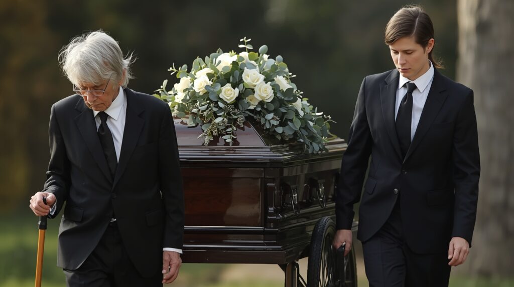 Honorary pallbearers walking beside a casket