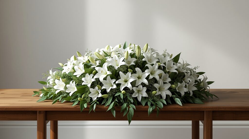 Handmade funeral wreath with white flowers and greenery