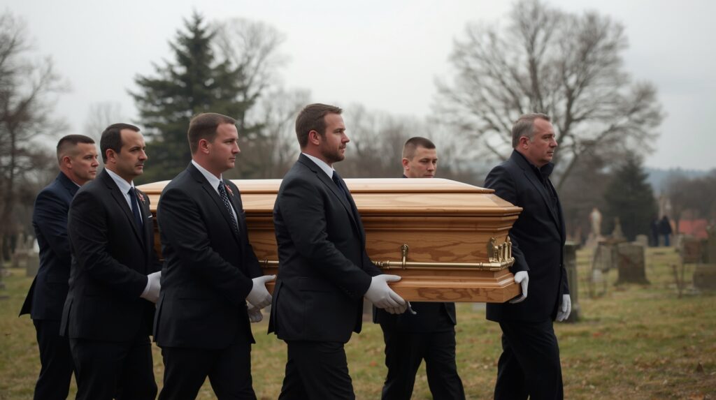 Pallbearers carrying a casket at a funeral
