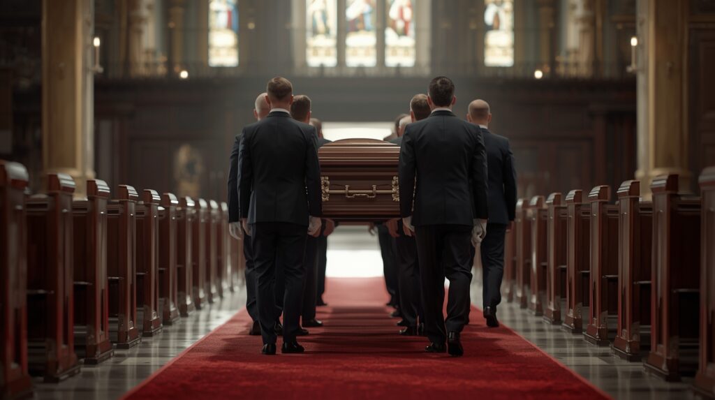 Pallbearers carrying a casket into a church