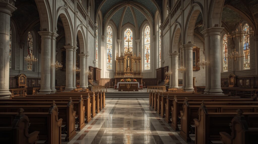 Church interior prepared for a funeral ceremony