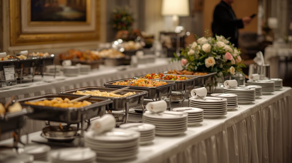 Buffet-style food table at a funeral repast