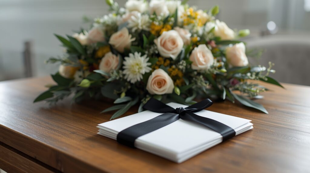 Funeral gifts including flowers and sympathy card on a table