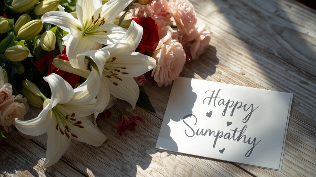 Funeral flowers and a sympathy card arranged as gifts