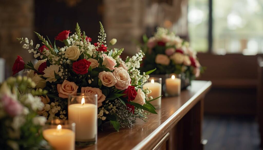 Funeral service with flowers and candles