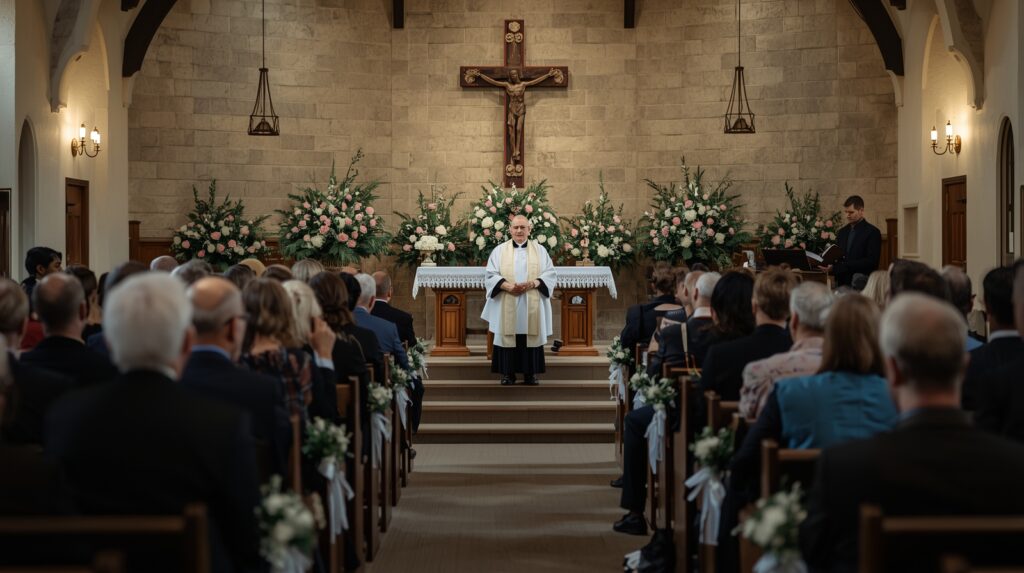 Funeral service inside a chapel with family and friends
