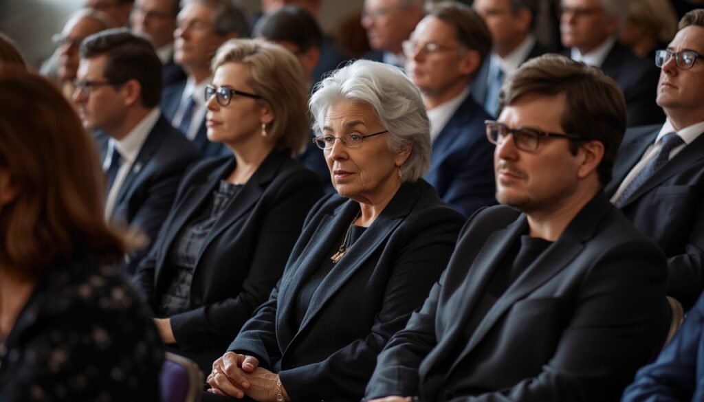 People wearing appropriate funeral attire in dark and simple styles