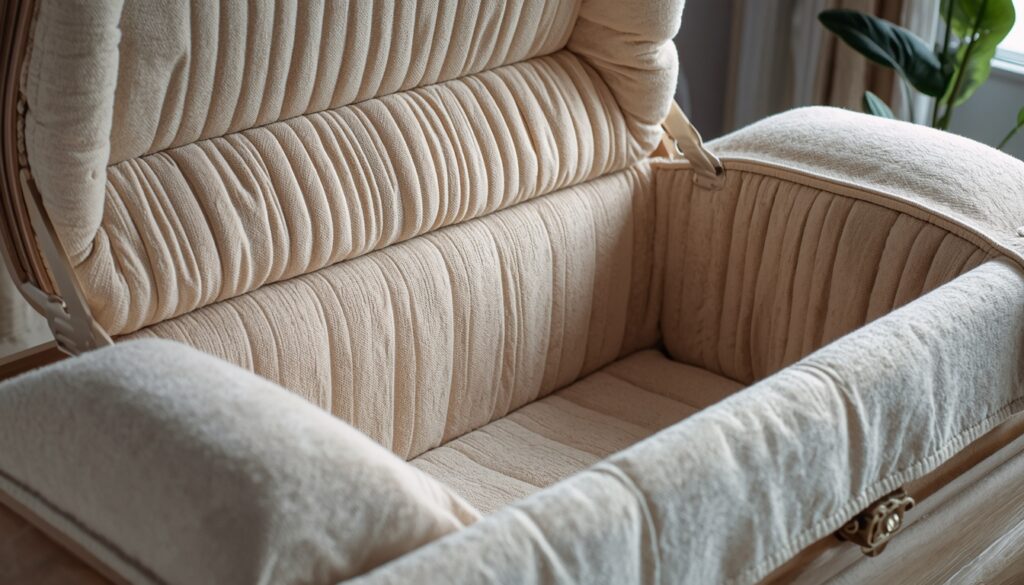 Open casket showing interior fabric and cushioning