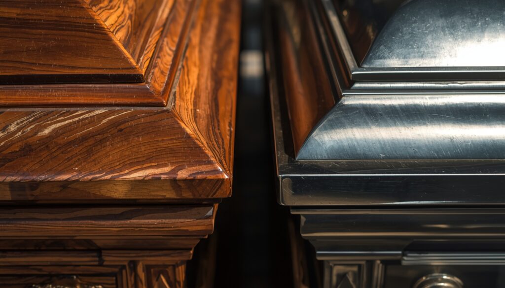 Wooden and metal caskets showing material differences