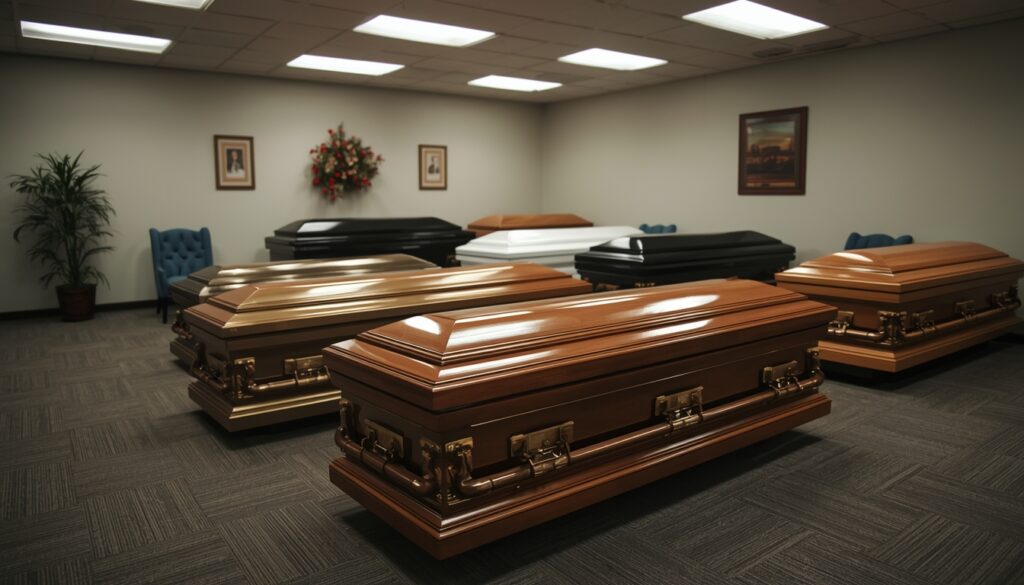 Different casket shapes displayed in a funeral showroom