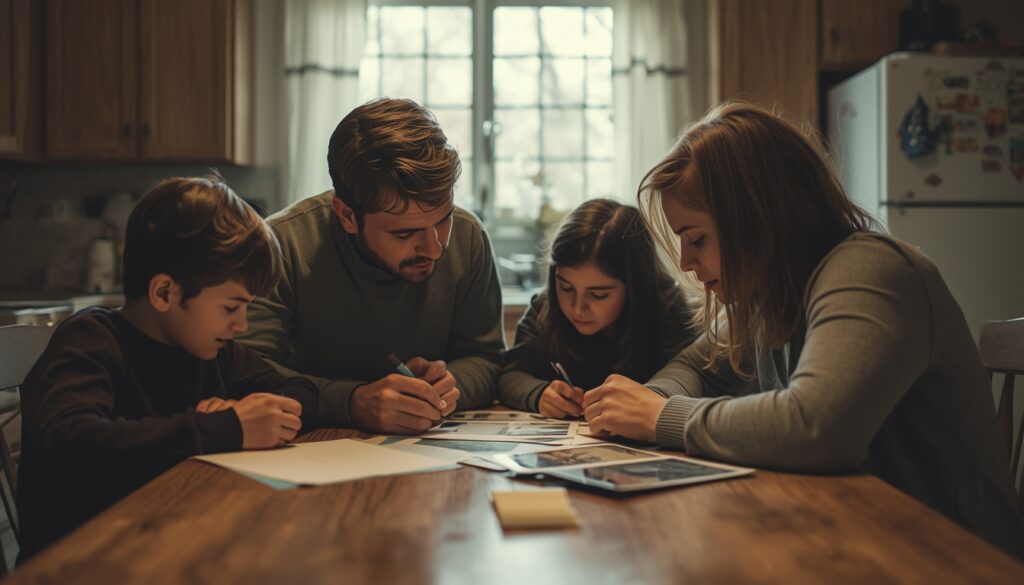 Family planning funeral arrangements at home in a calm, emotional setting