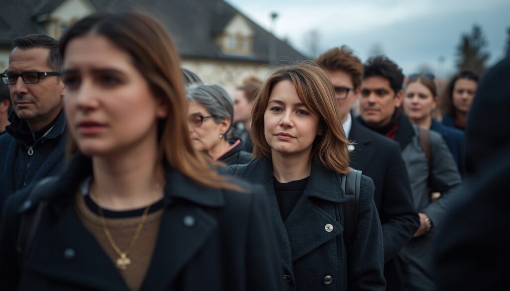 People arriving at a funeral wearing simple dark clothing