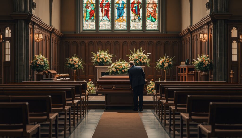 Funeral home staff respectfully preparing a casket in a clean professional setting.