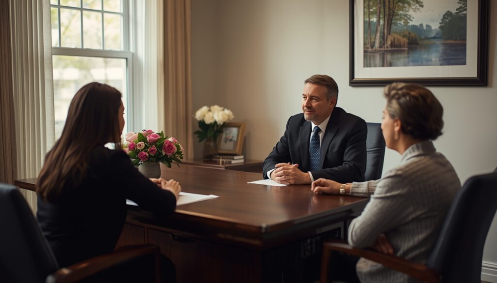 Funeral director having a compassionate meeting with family members inside a funeral home office.