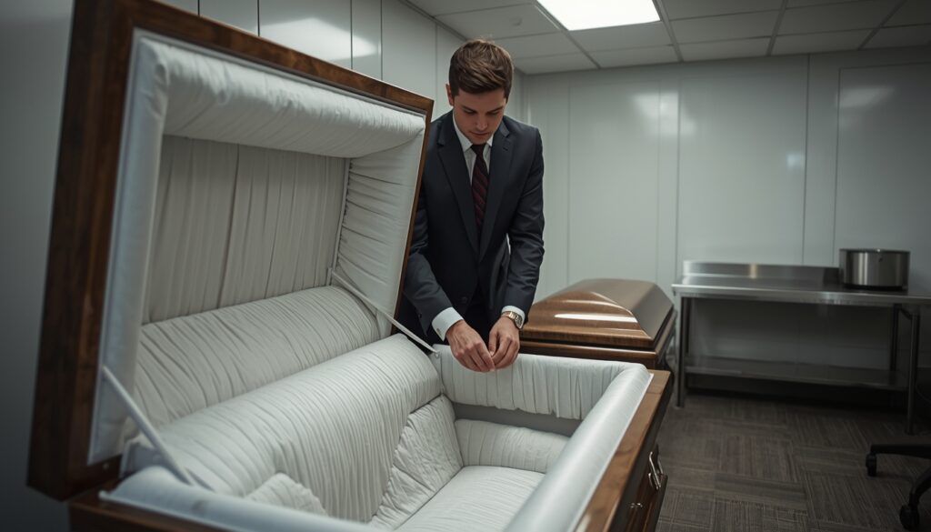 Funeral home staff respectfully preparing a casket in a clean professional setting.