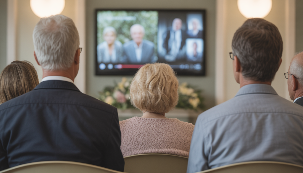 Funeral video tribute playing during a memorial service