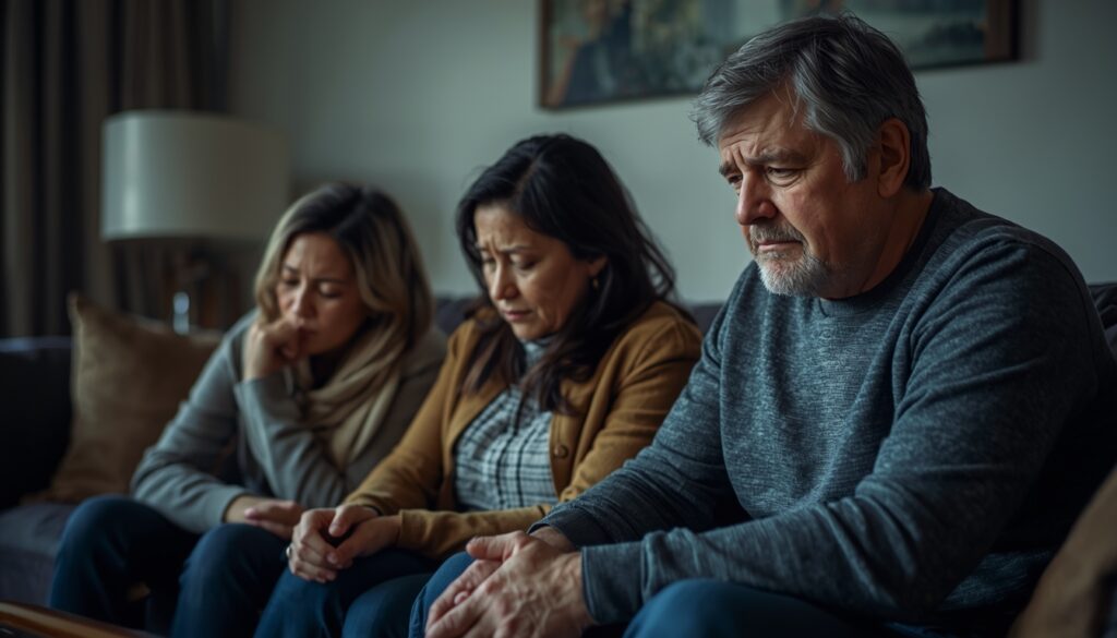 Grieving family sitting together during a difficult time