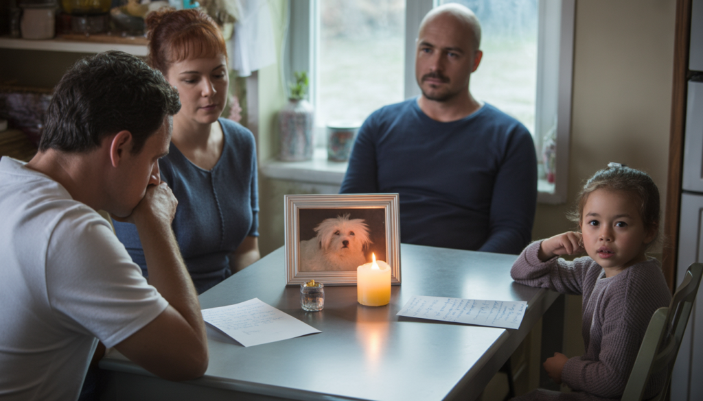 Family holding a quiet home funeral in a living room with photos and flowers