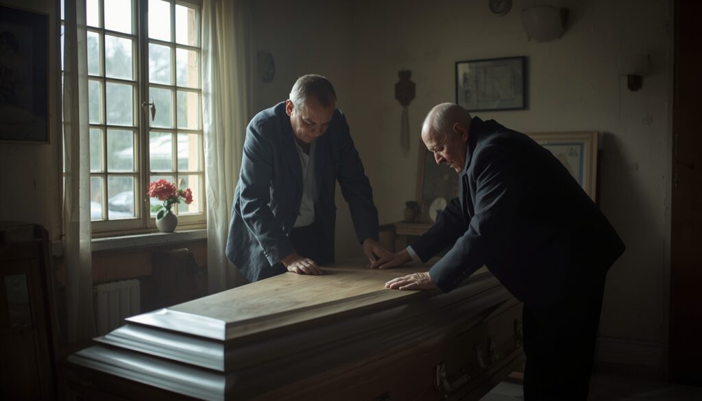 Family preparing a simple coffin at home