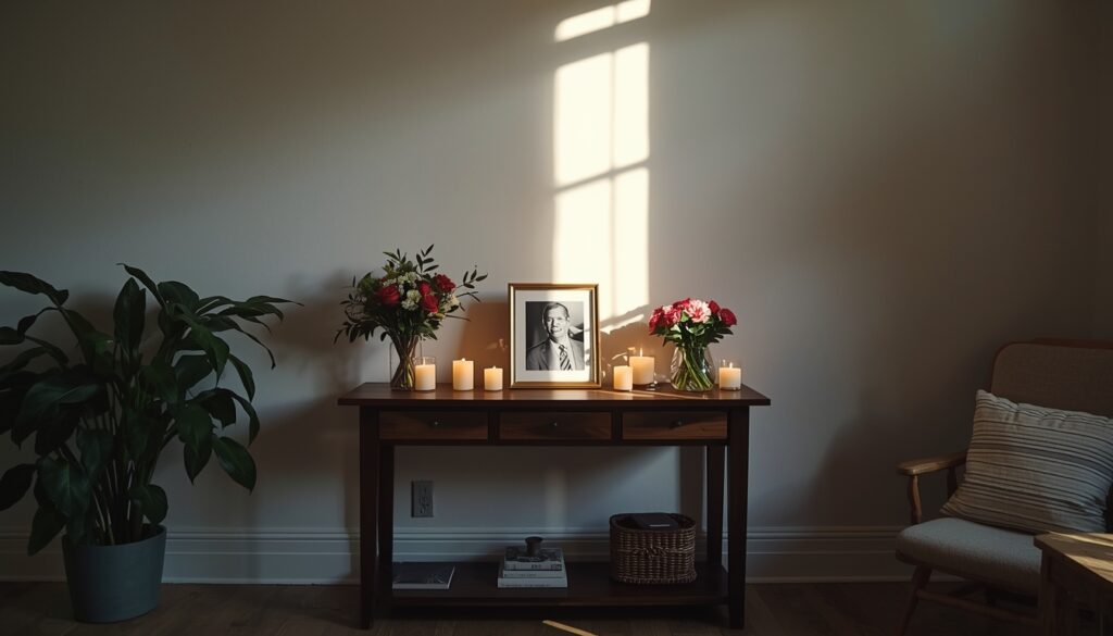 Home memorial setup in a living room