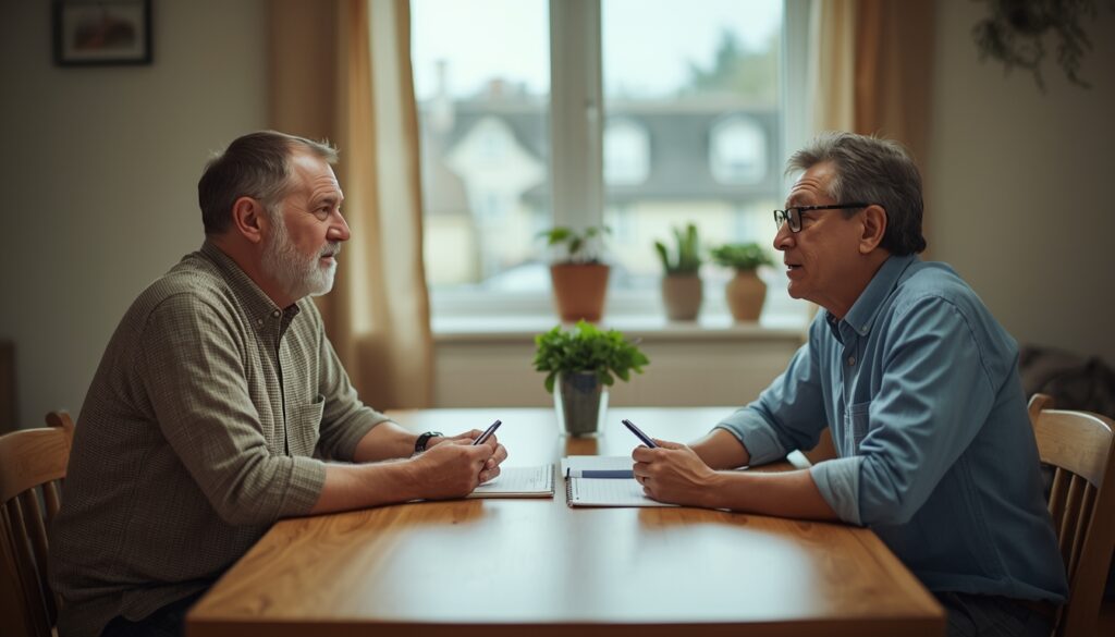 Two people discussing home funeral plans and support options