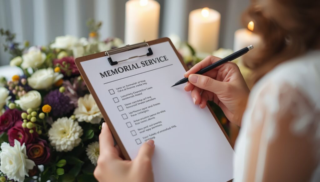 Organizing a memorial service checklist with candles and flowers