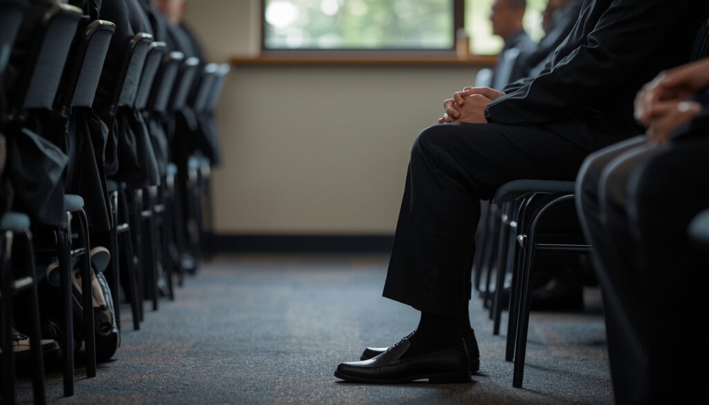 People wearing appropriate funeral attire in dark and simple styles