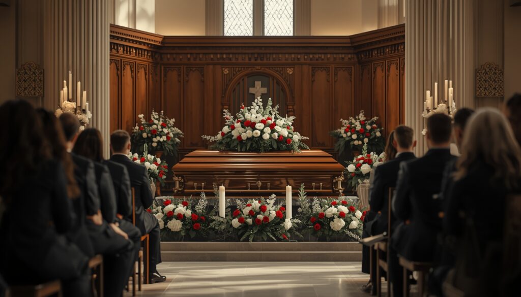 traditional funeral service with casket and mourners