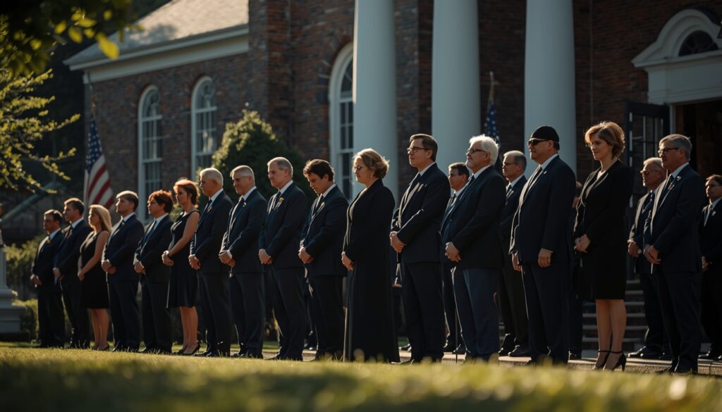 Mourners attending a modern American funeral outside a church, dressed in formal attire.
