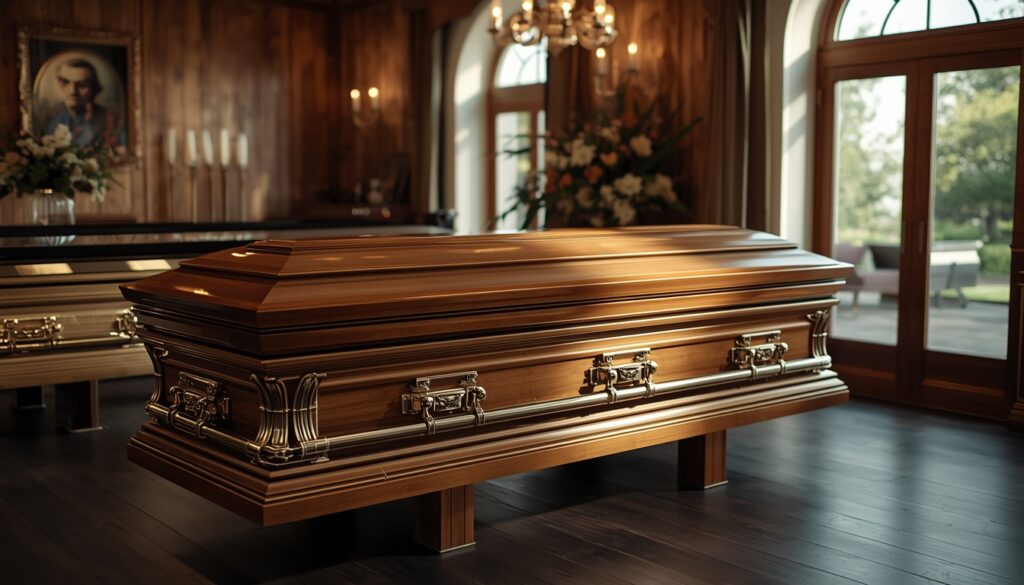 Casket on display in a funeral home showroom, representing funeral service costs.