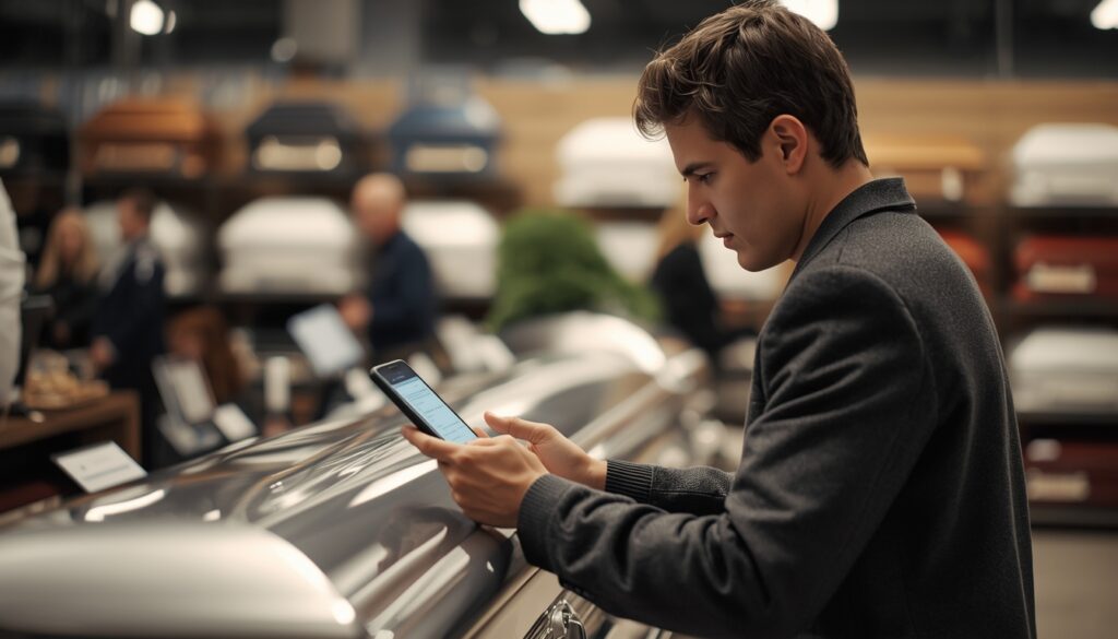 Consumer comparing casket prices from different retailers to find the best deal.