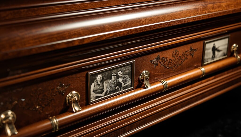 Close-up of a personalized casket exterior featuring custom photos and decorative motifs