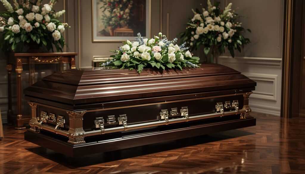 A luxurious American casket in a decorated funeral home with flowers and elegant lighting.