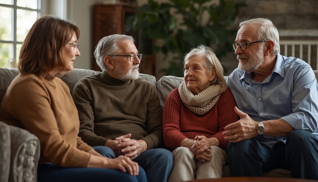 Family having a calm conversation about end-of-life planning in a living room