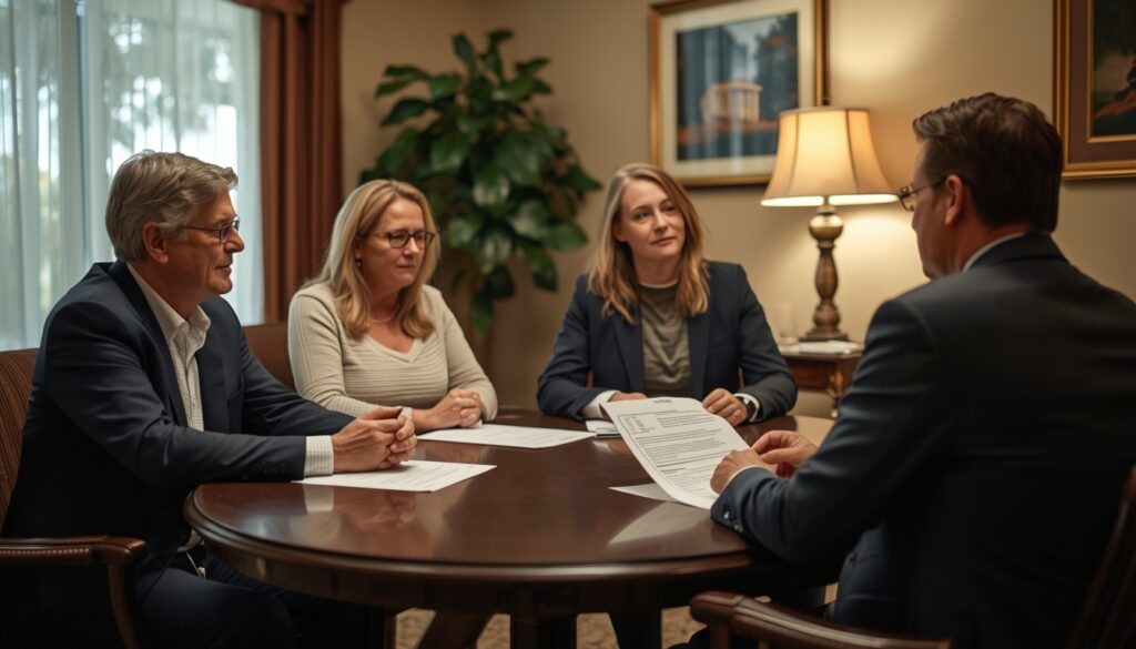 Family discussing funeral service options with a funeral director in an office.