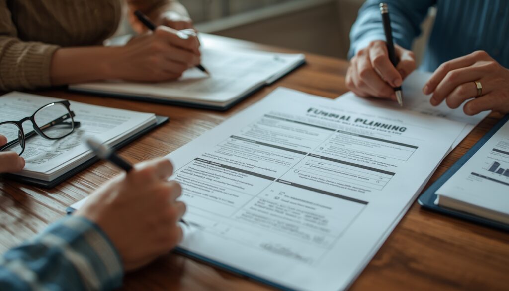 Funeral planning papers on a table with family members discussing arrangements