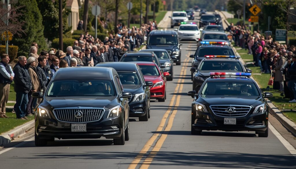 A line of cars in an American funeral procession escorted by police, with mourners observing.