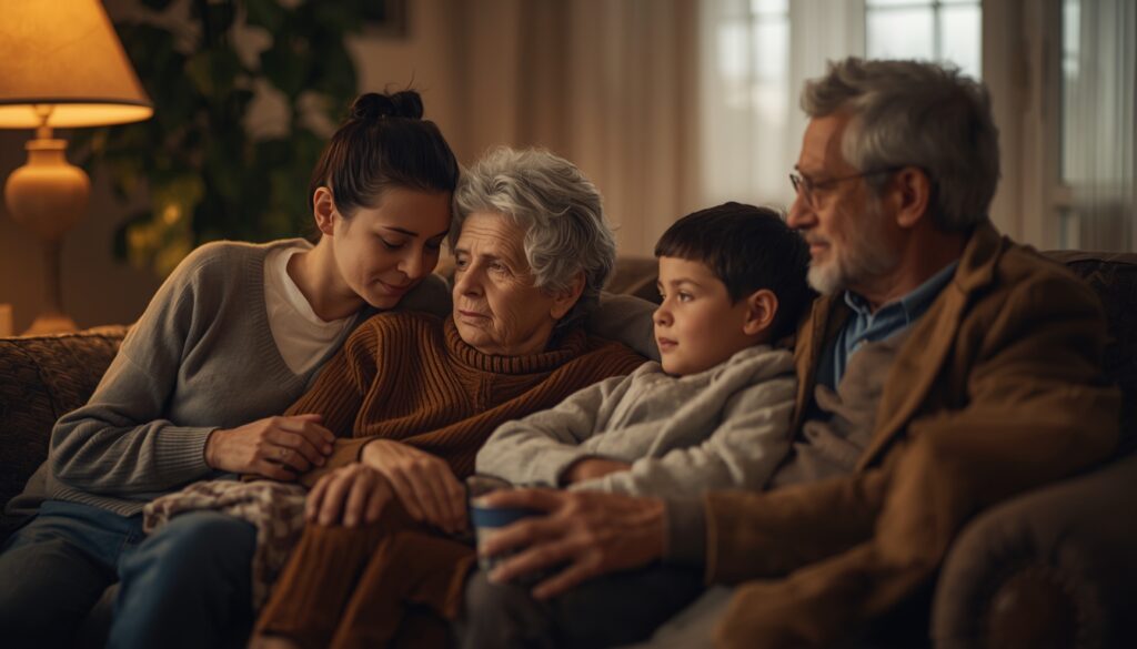 Family comforting each other in a softly lit room after the loss of a loved one.