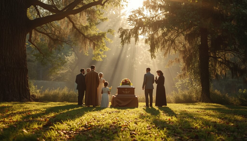 Family gathered outdoors at a funeral, sunlight creating a peaceful and healing atmosphere