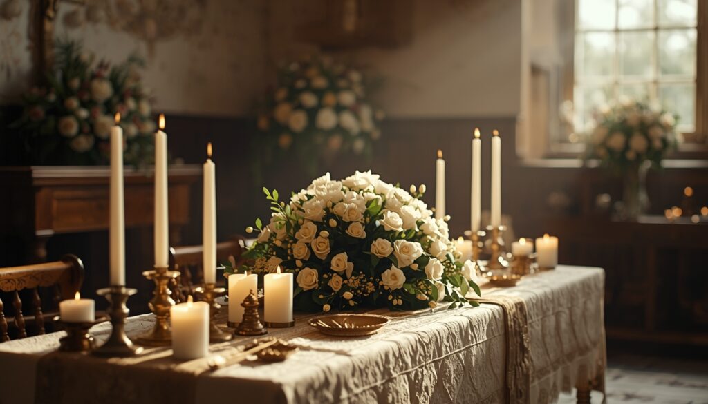 Funeral preparation featuring symbolic religious elements like candles and flowers.