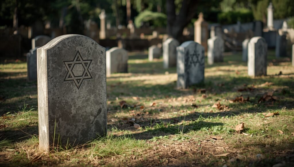 Traditional Jewish cemetery with simple gravestones and Star of David symbols.