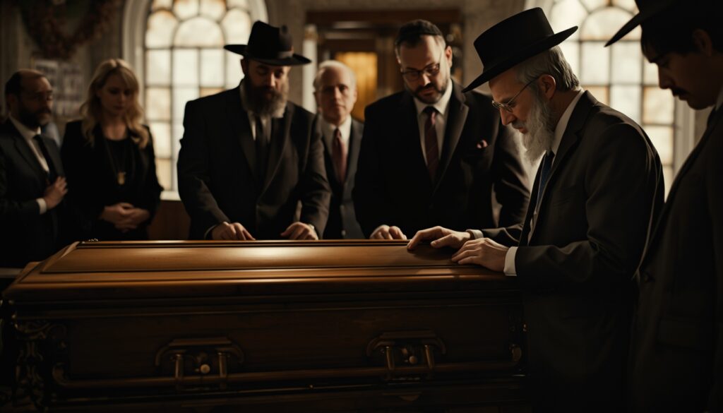 Rabbi speaking with family members while preparing for a Jewish funeral