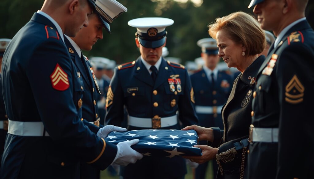 Military personnel presenting a folded American flag during a memorial ceremony for a veteran.