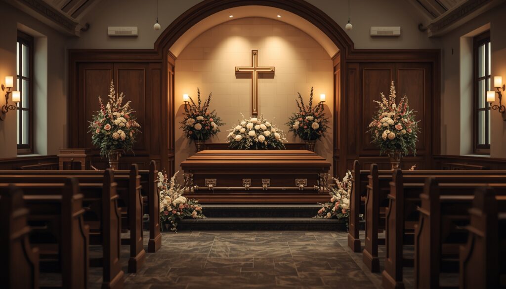 Elegant personalized casket displayed in a softly lit funeral chapel with flowers